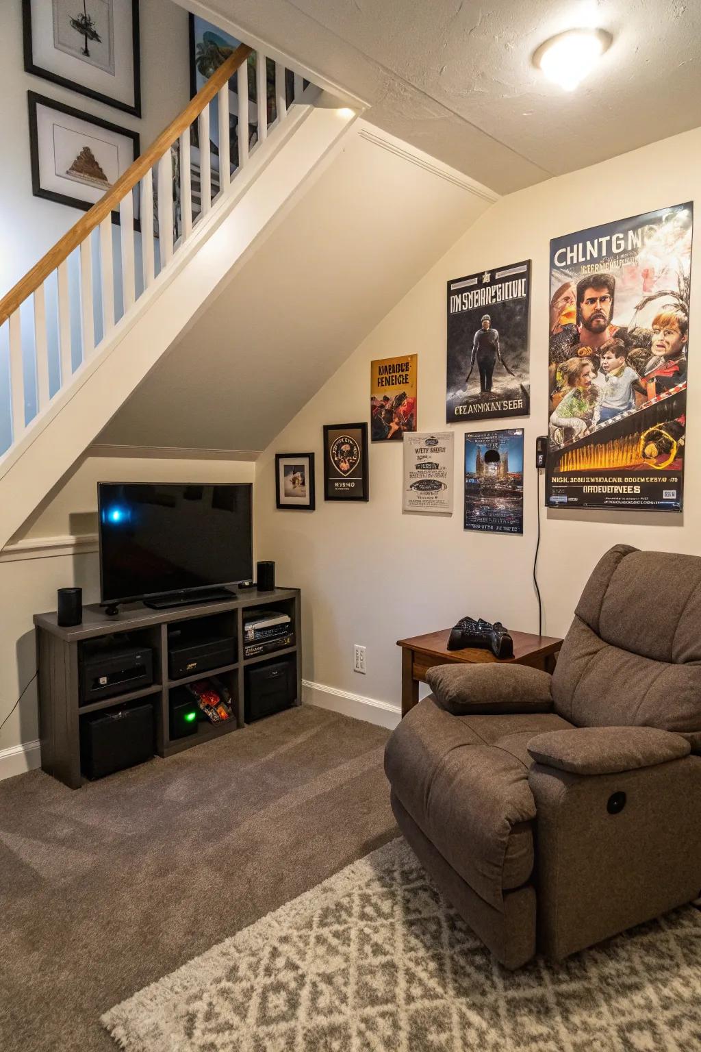 A gaming nook beneath the staircase creatively maximizes space.