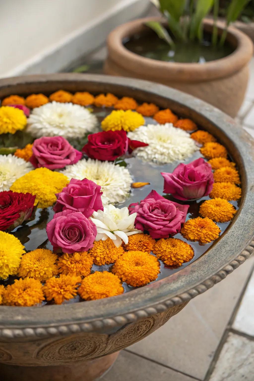 A tranquil centerpiece of floating blossoms in an ornamental vessel for the festival.