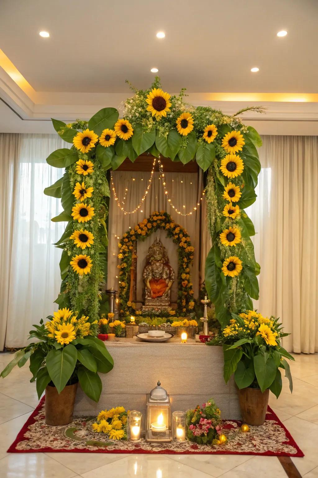 Sunbursts imparting a cheerful vibe to the Ganpati setup.