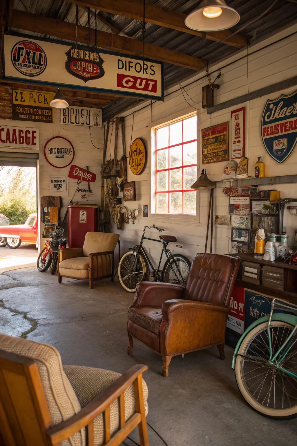 Vintage decor adds character and charm to the garage.