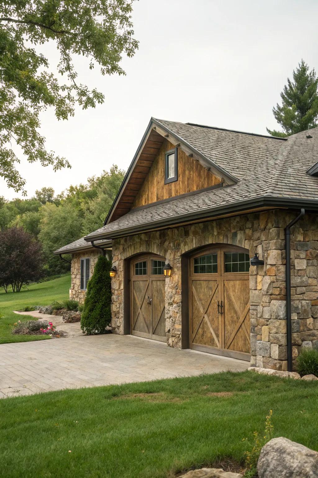 Natural stone textured garage doors create a rustic and organic appeal.