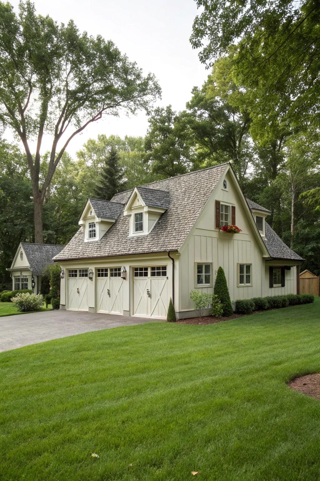 Dormers elevate separate garages, creating independent visual statements.