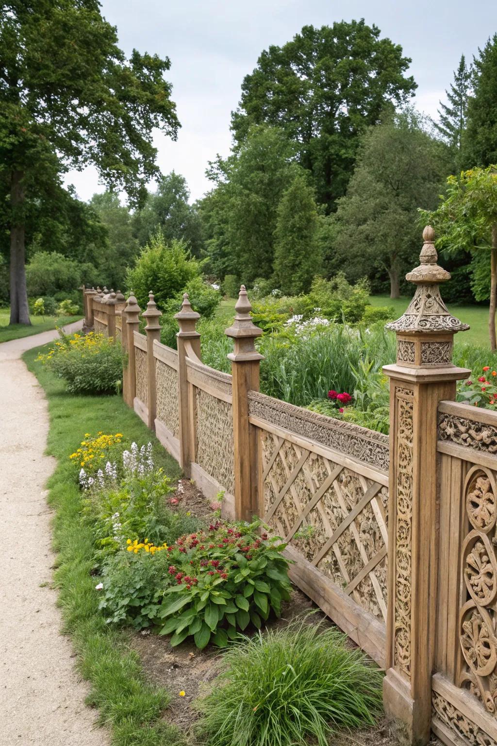 Unique engravings add artistic flair to garden surrounds.