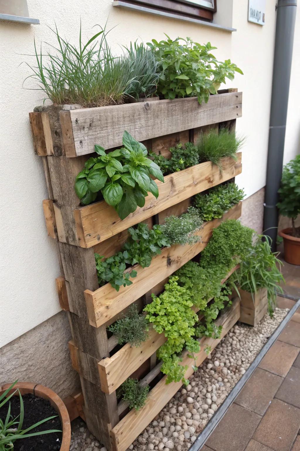 A vertical herb garden made using a wooden pallet.