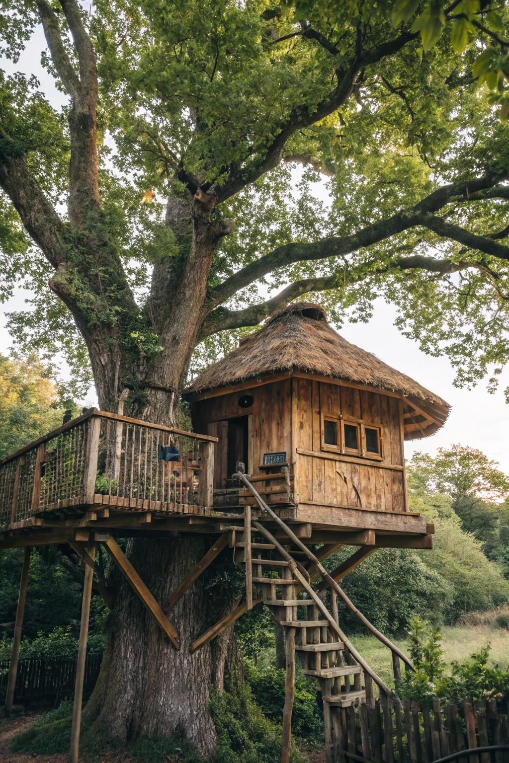 A charming treehouse sits in a backyard tree.