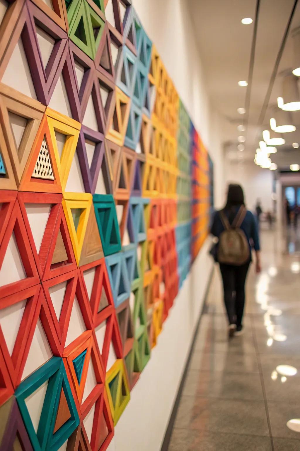 Layered geometric art introduces depth and intrigue to the room.