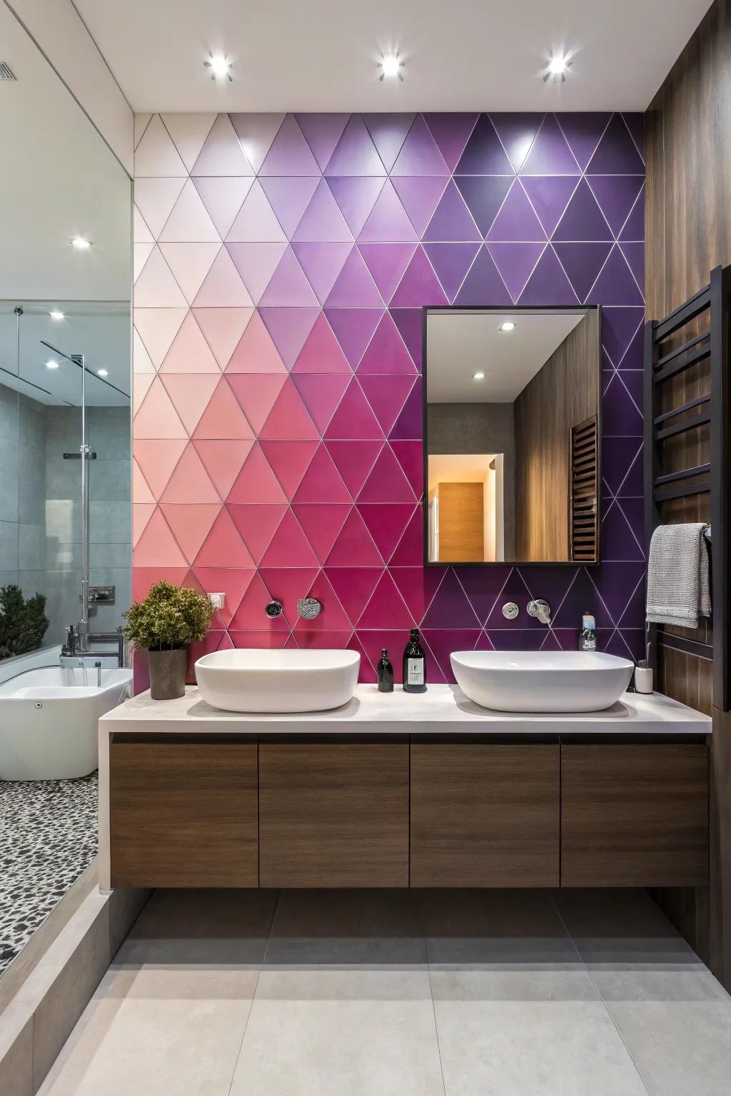 A bathroom featuring a gradient triangle geometric wall design.