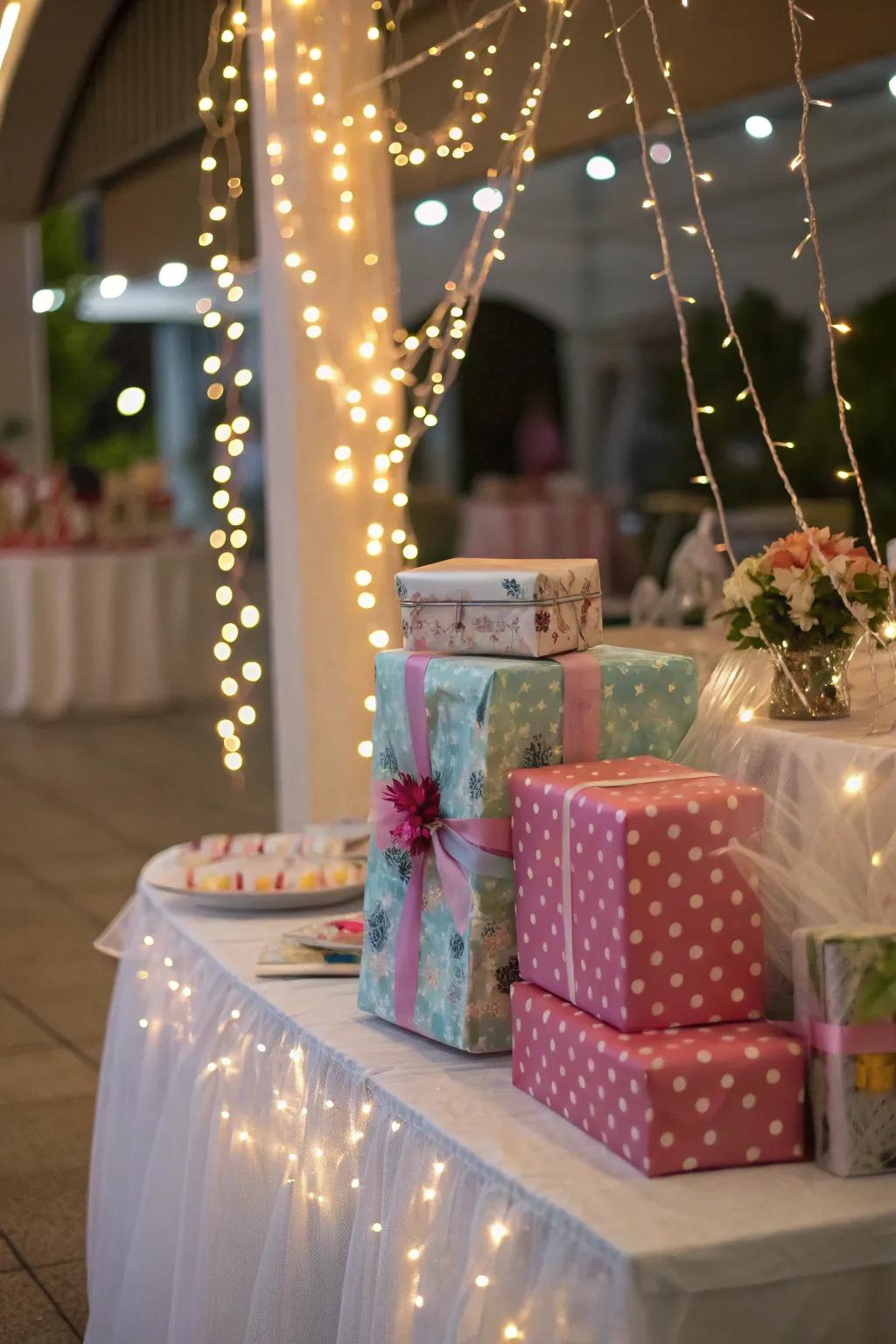 Craft an enchanting ambiance with delicate illuminations on your gift setting.