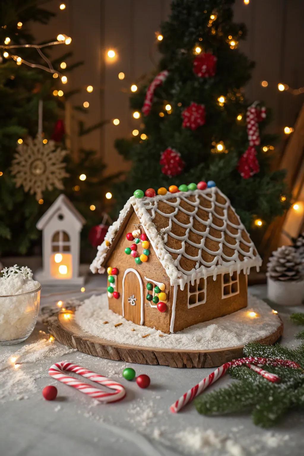 A gingerbread rooftop with woven sweetwood string.