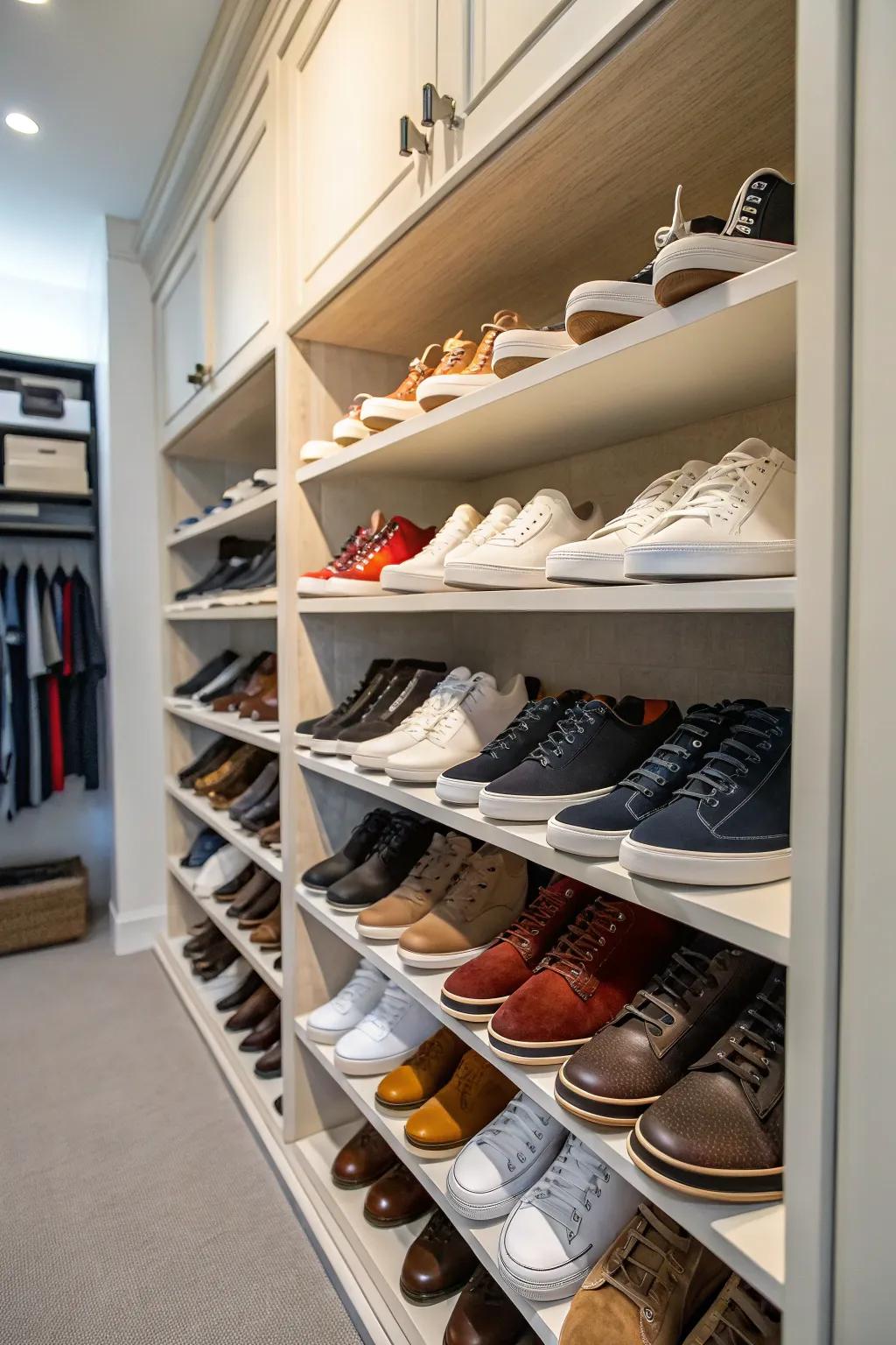 A shoe wall transforms storage into a fashionable display.