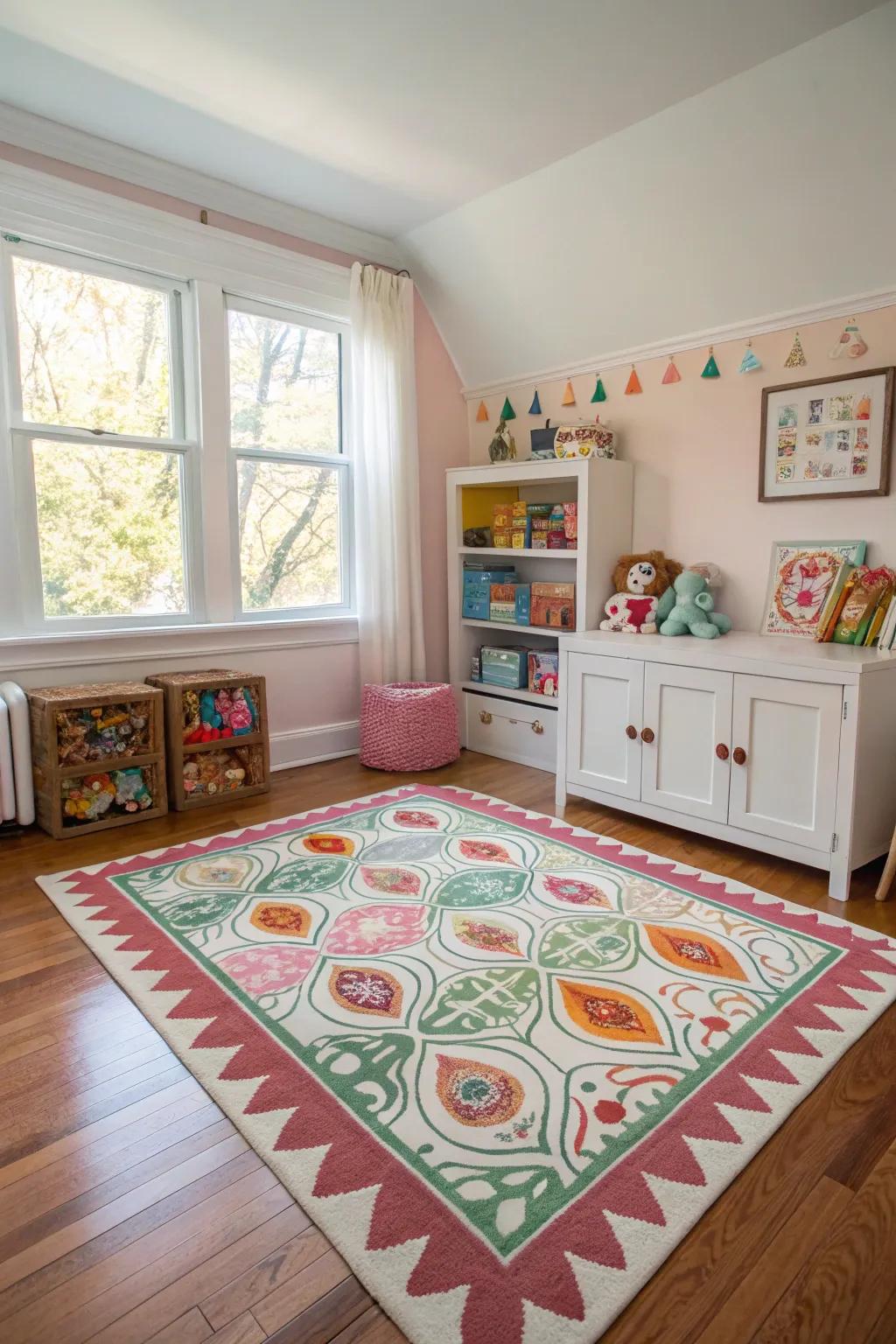 A focal point rug harmonizes design elements.