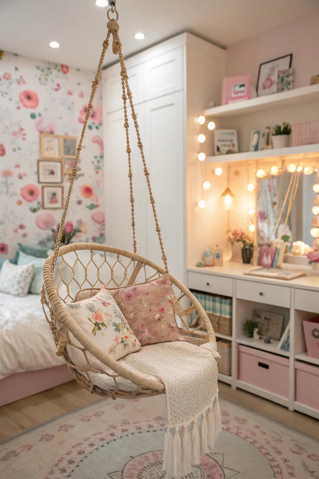 A swing chair contributes a playful and unique seating option.
