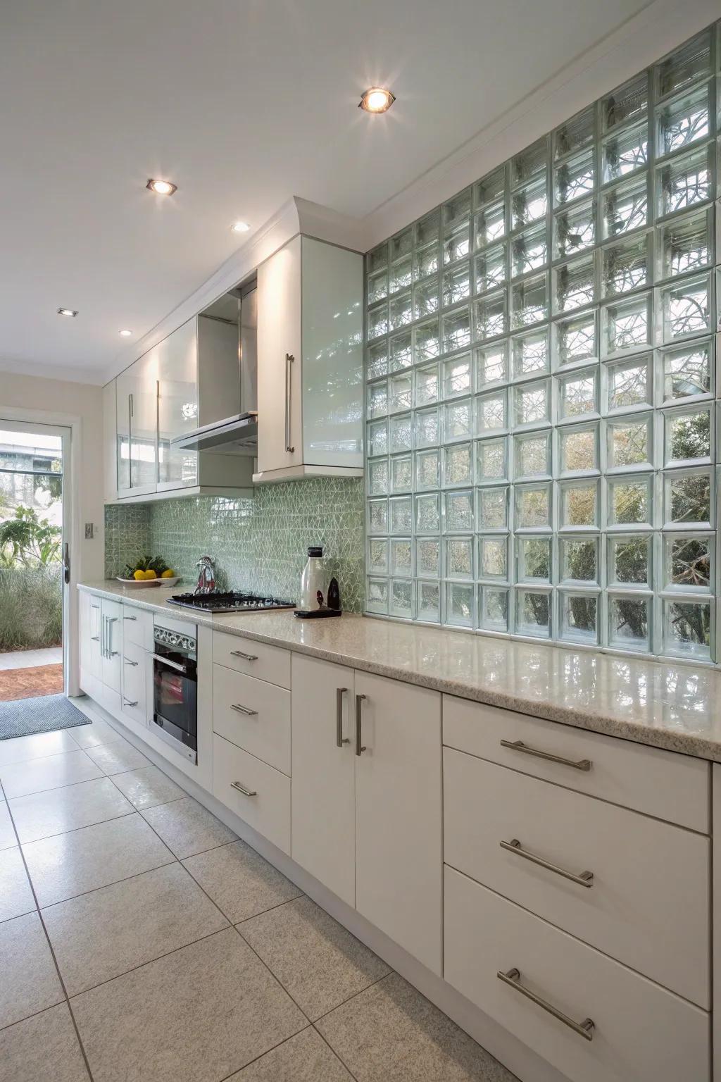 A kitchen showing a crystal cube backsplash, which gives a modern, bright, and easy-to-clean surface.