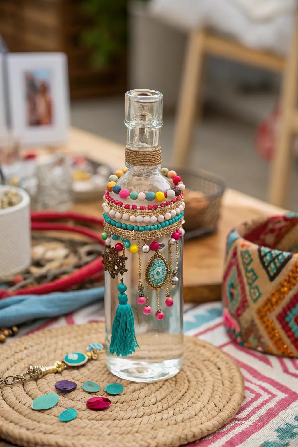 A beaded bottle exuding bohemian flair.