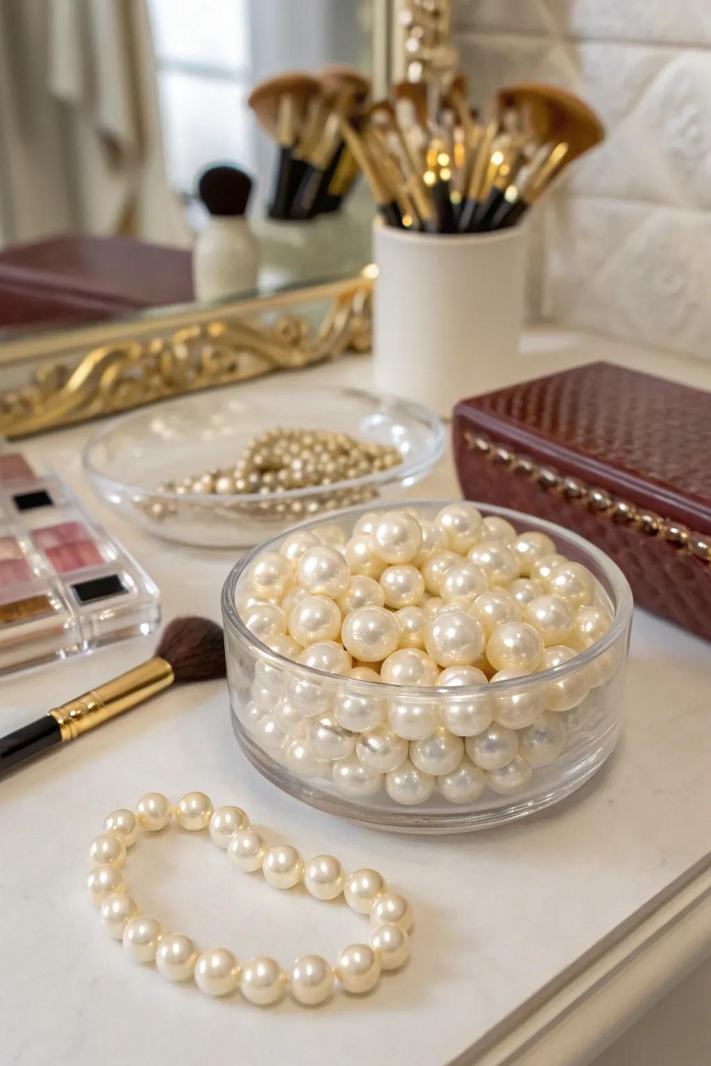 Luxurious beauty with pearls in a glass bowl.
