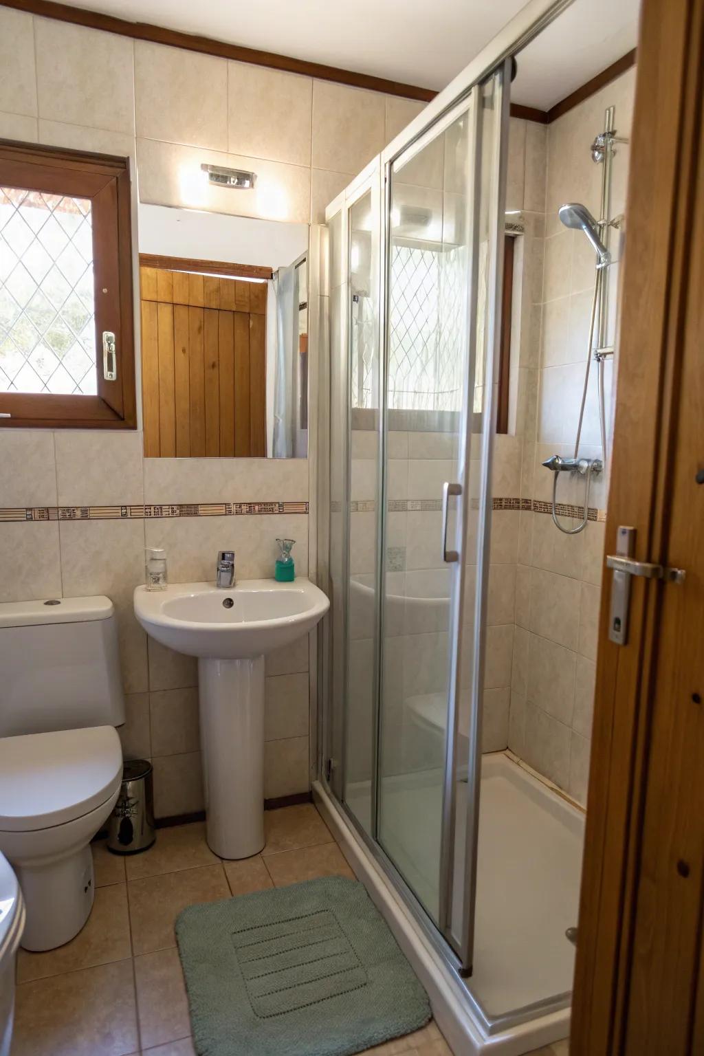 Preserve space through gliding glass shower entrances.