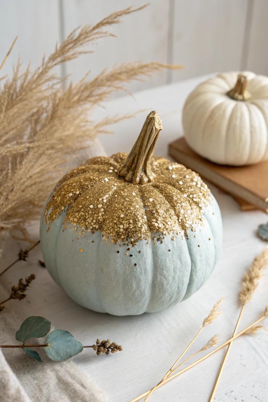 Elevate your fall decor with this stunning chalk-painted glitter pumpkin, where rustic meets chic in perfect harmony.