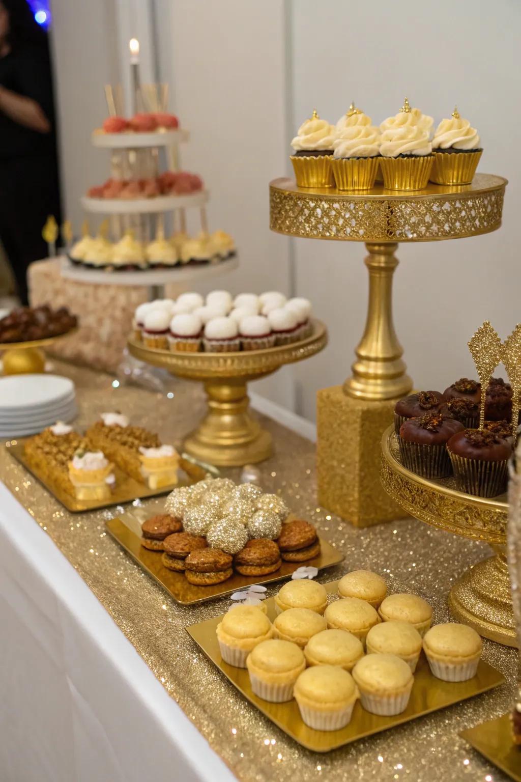 A dessert display in gold is sweet and stylish.