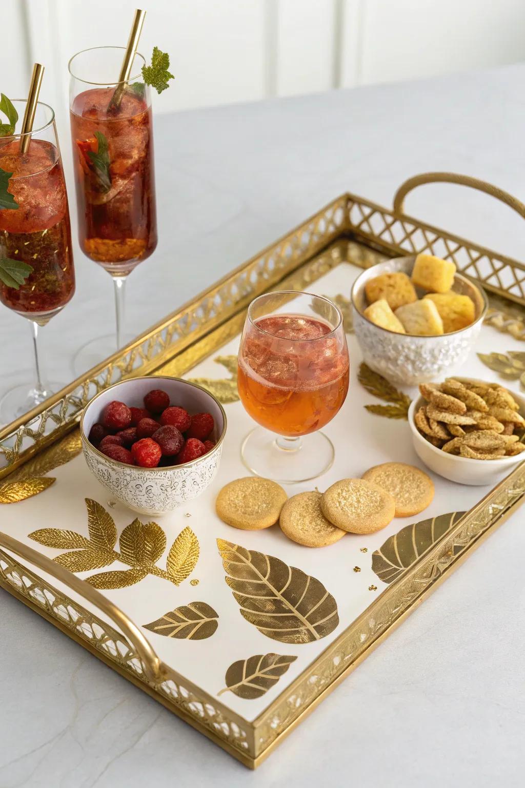Serve in style with a serving tray enhanced by gold leaf.