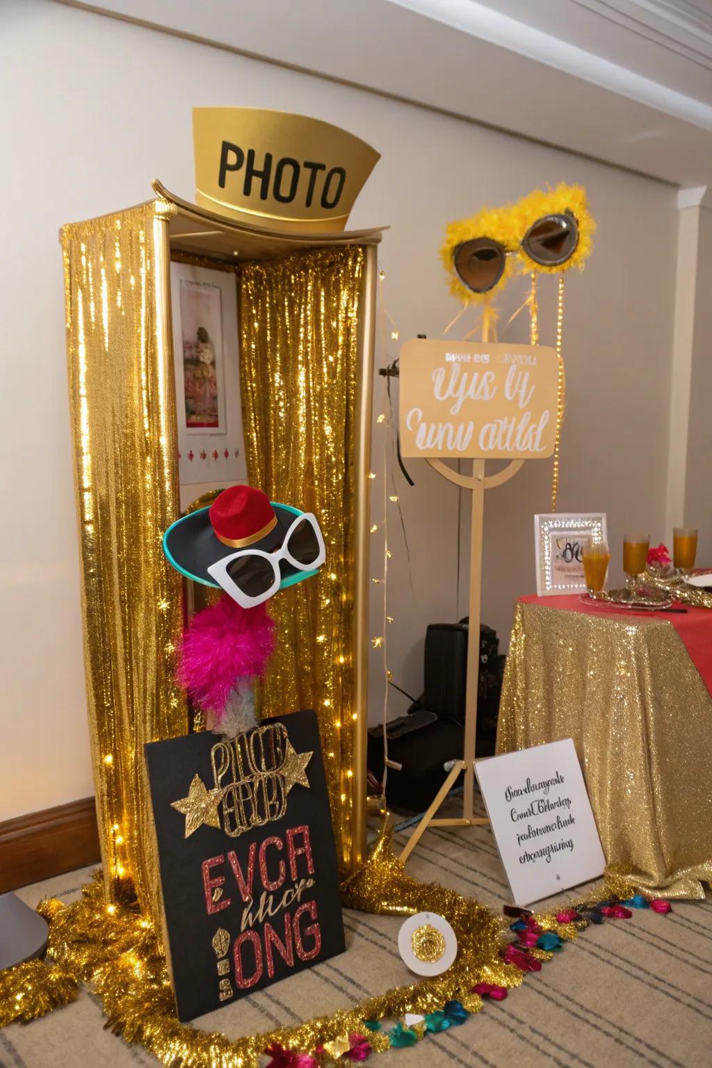 A lively gold photo booth where guests capture memorable moments.