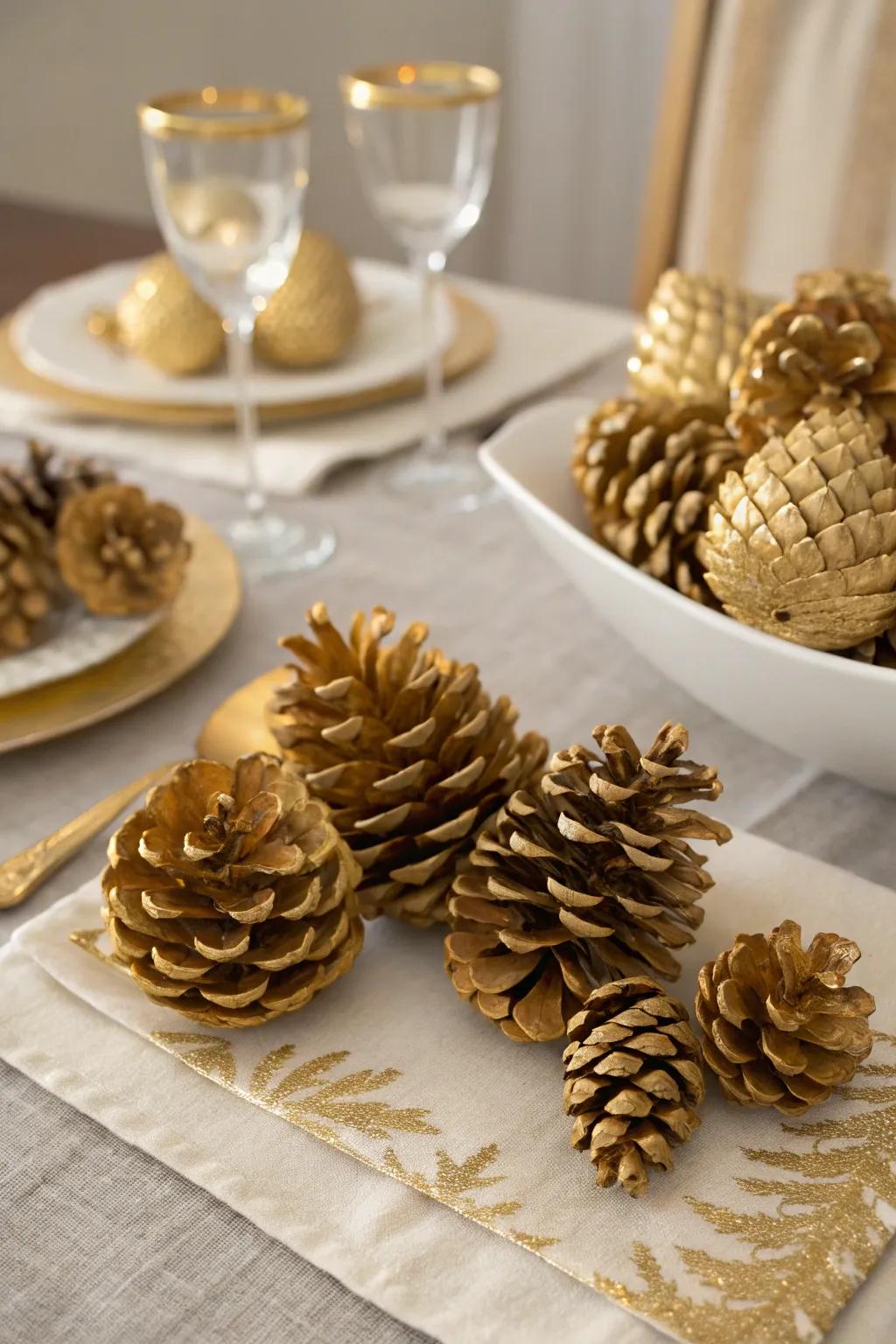 Pinecones painted gold introduce a distinctive and earthy touch to the decoration.