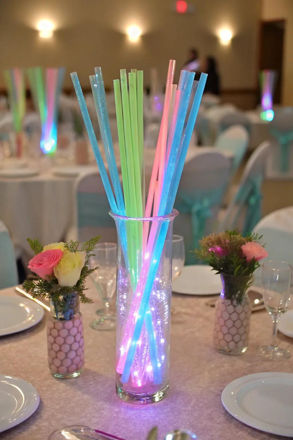 Glow stick vases create a vibrant, colorful centerpiece.
