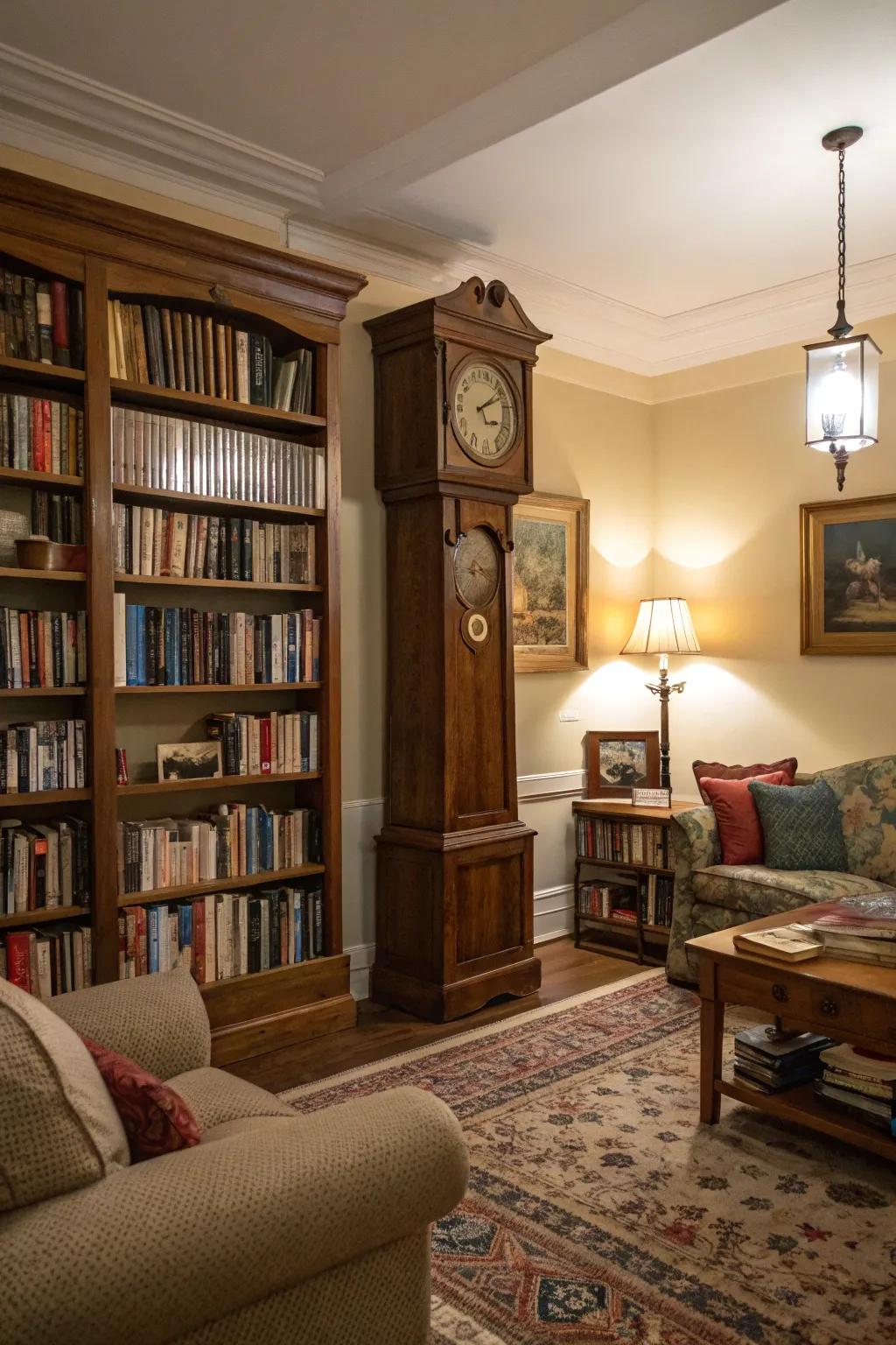 A longcase clock rounds out the library aesthetic in a sitting room.