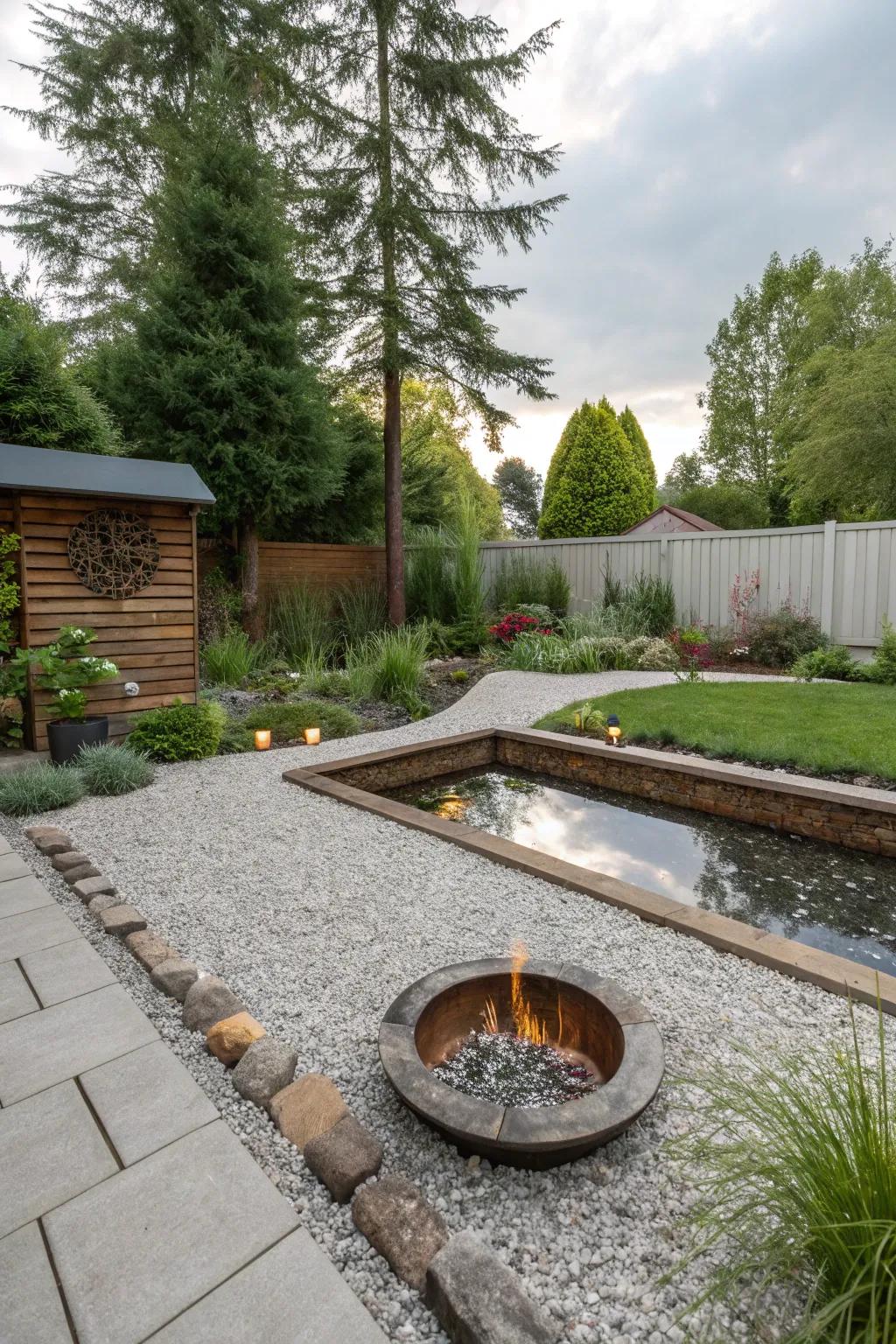 A water feature adds tranquility to your fire pit zone.