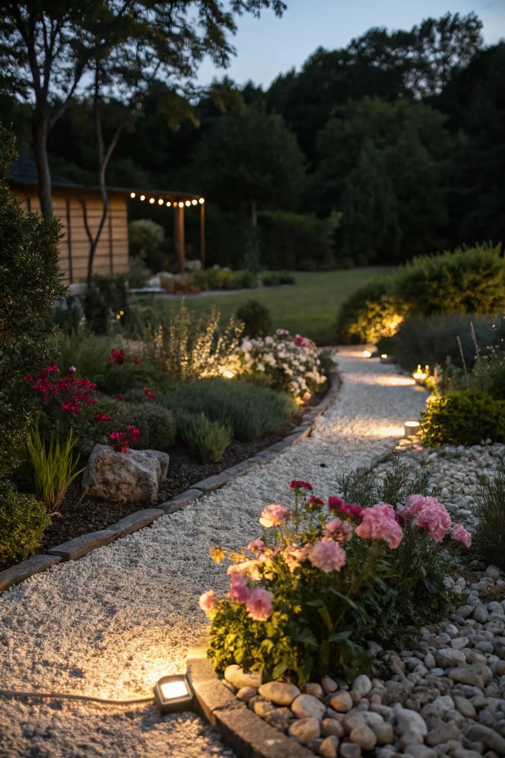 A pebble garden bed exquisitely illuminated to evoke nighttime ambiance