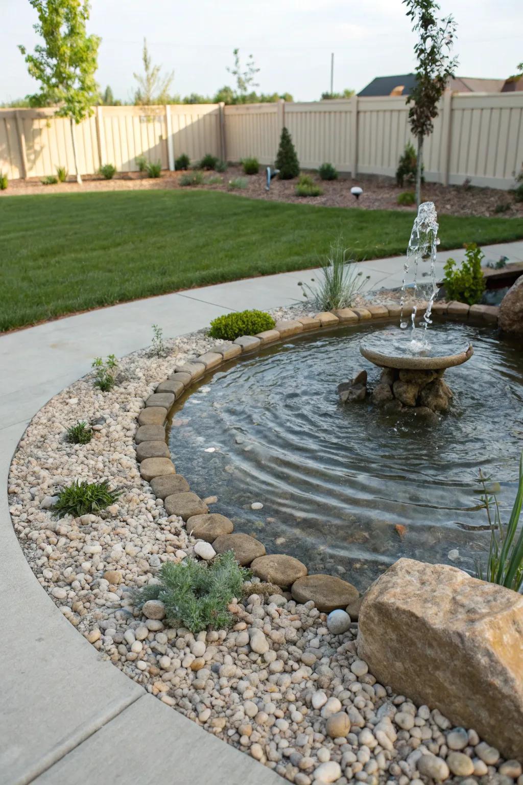 A serene water feature adds tranquility to a gravel landscape.