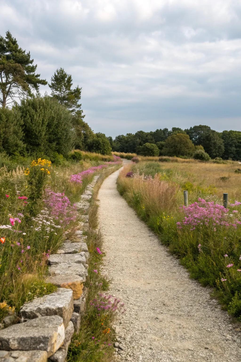 Rustic elements add appeal to a stone walkway.