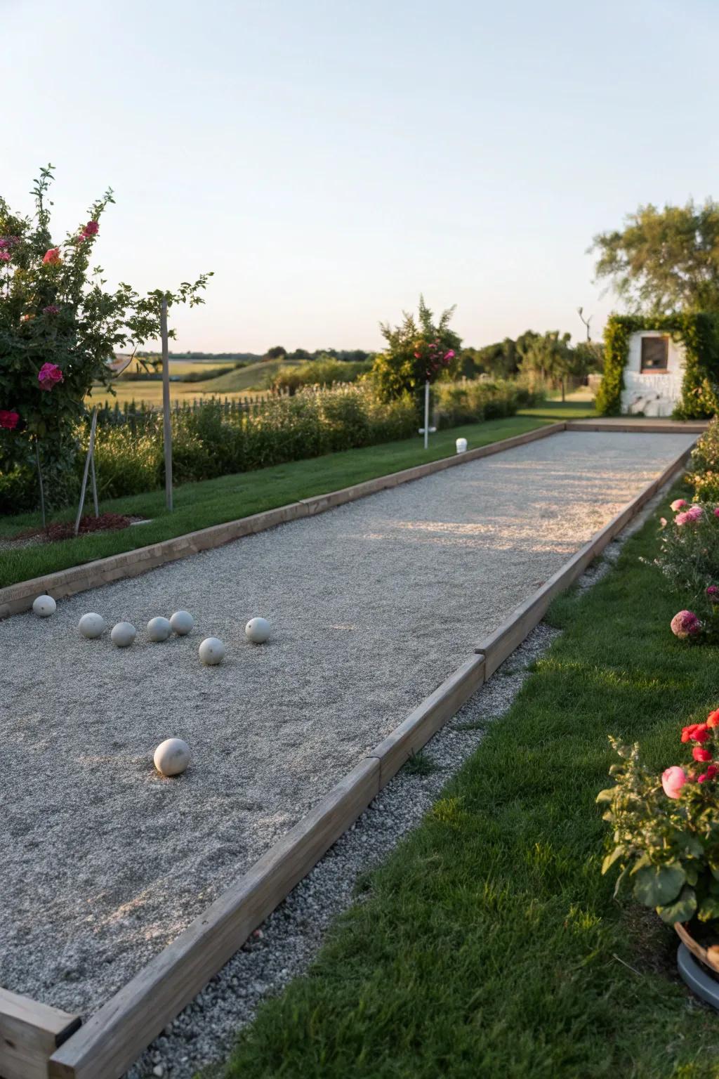 A gravel patio spotlighting a bocce ball court for playful gatherings.