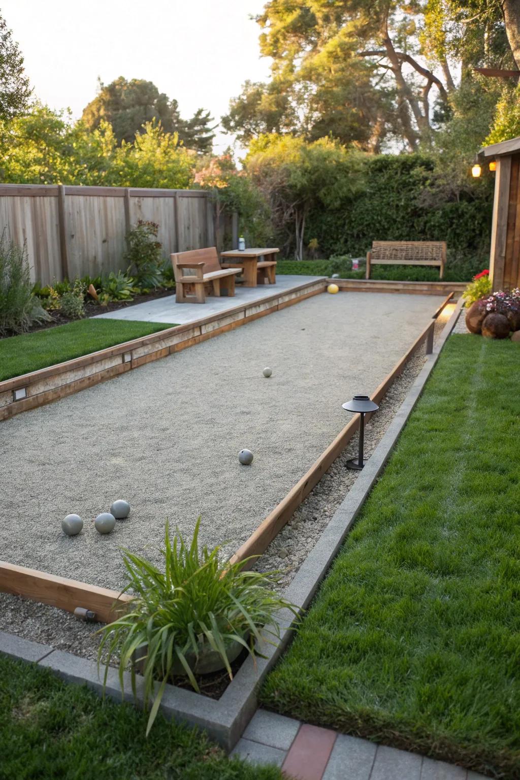 A playful bocce ball court crafted with gravel in a backyard.