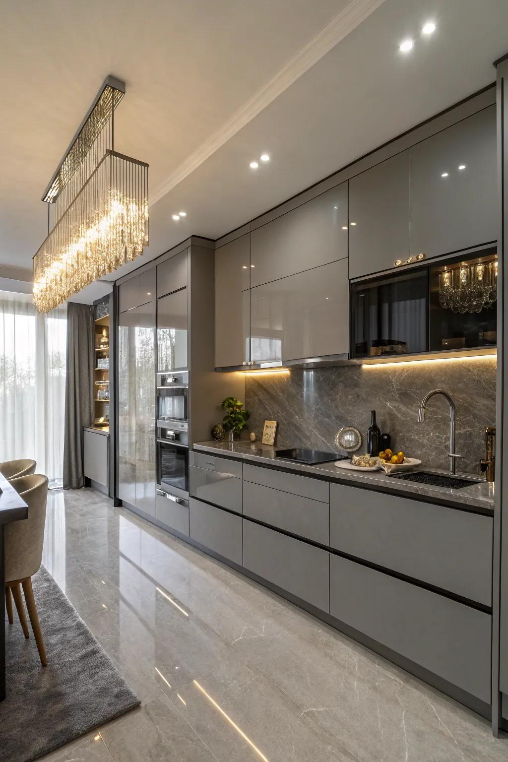 The modern kitchen is made more glamorous by the glossy gray cabinets.
