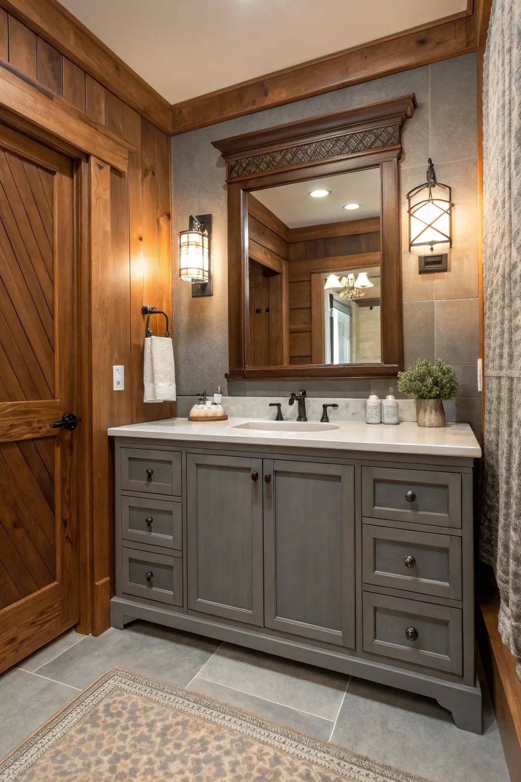 A cozy lavatory featuring a gray stand with timber accents.