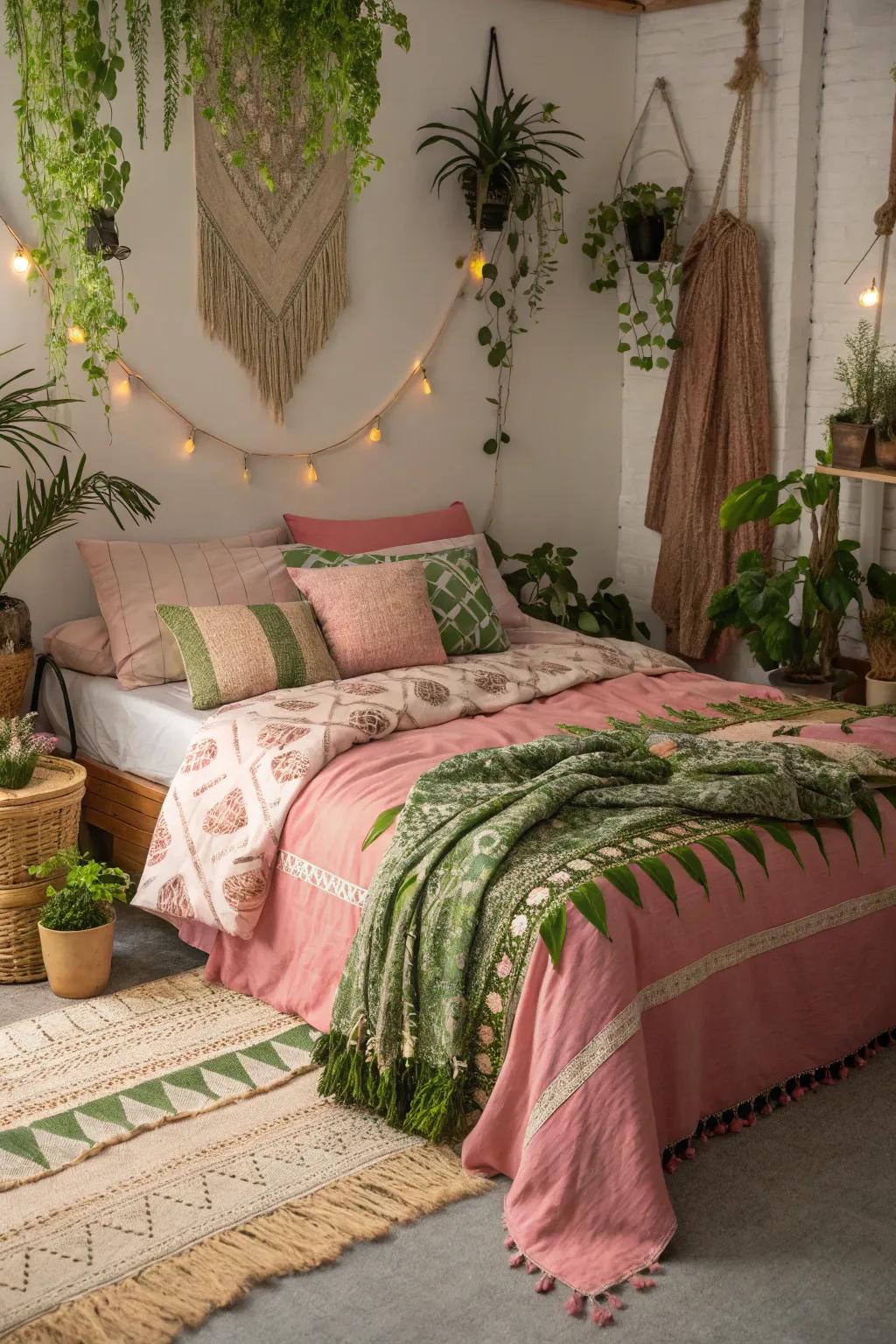 The lively and expressive space created by bohemian layers of rose and green.
