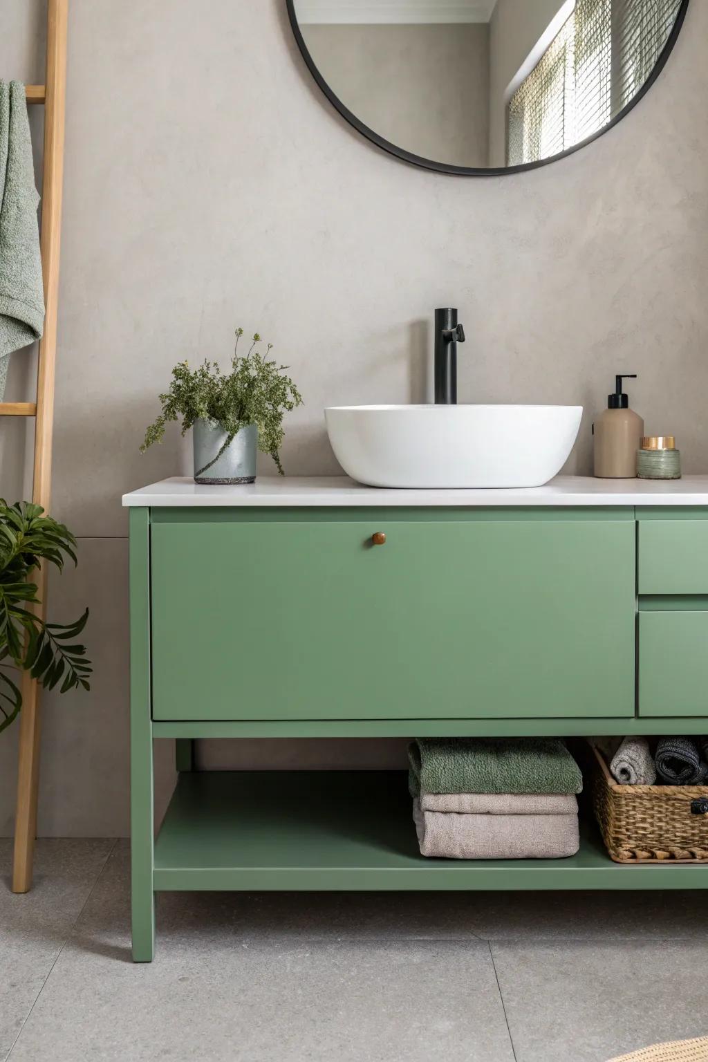 Minimalist design focusing on the green vanity as the key feature.
