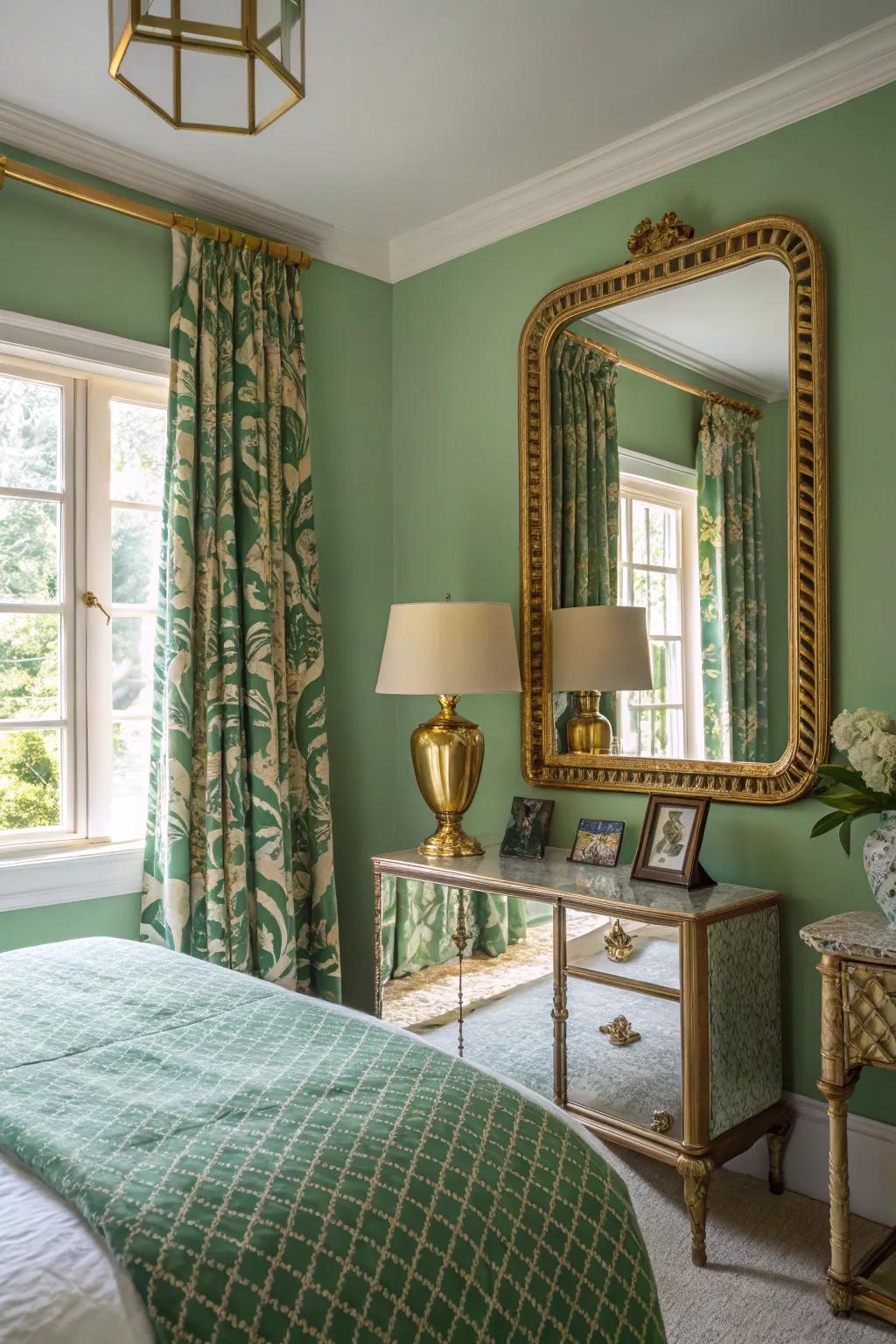 Green and gold embellishments produce a sumptuous and elegant appearance.