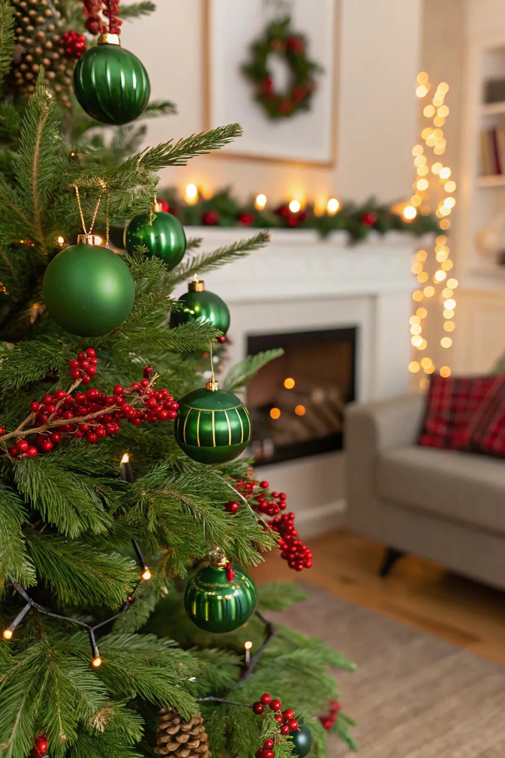 Spirited wildlife accents with seedpods and emerald ornaments.