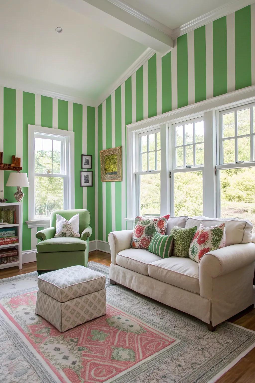 Green stripes bring a playful and dynamic feel to this living room.