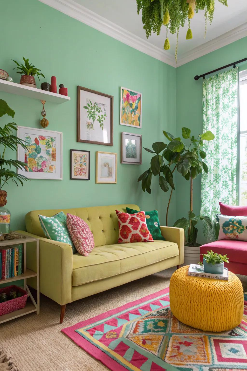 Inventive blends of green and bright colors electrifying the space.