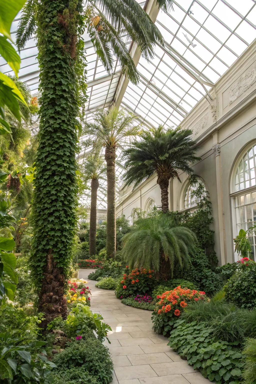 A lively greenhouse filled with many kinds of plants.