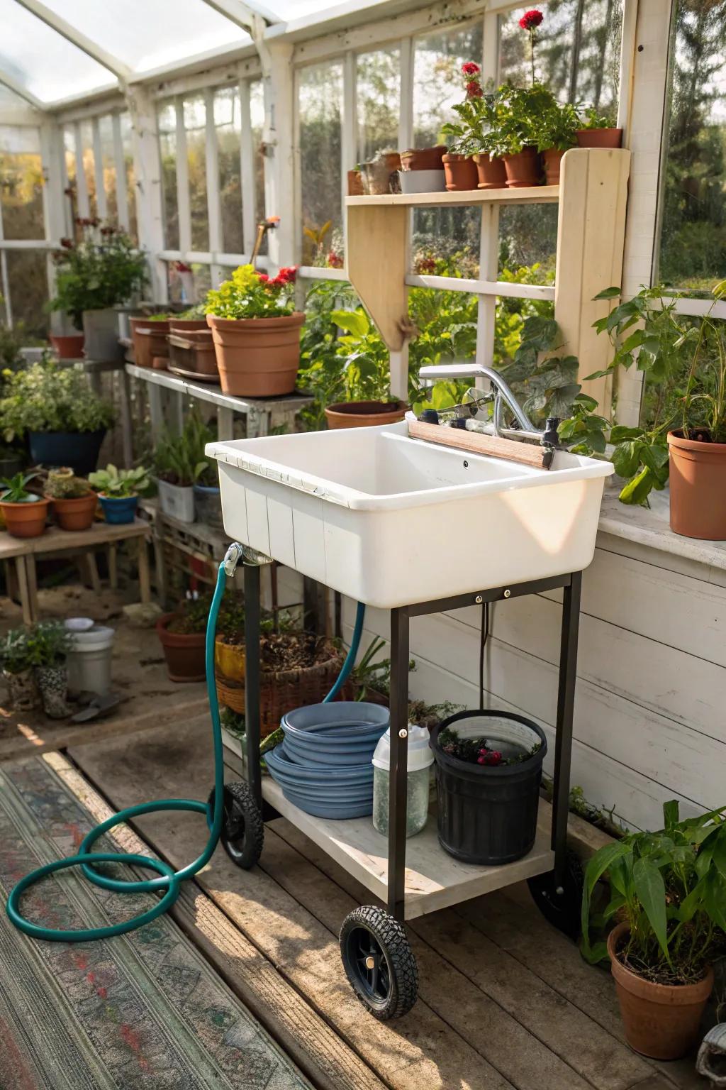 A movable sink offers flexibility for dynamic greenhouse arrangements.