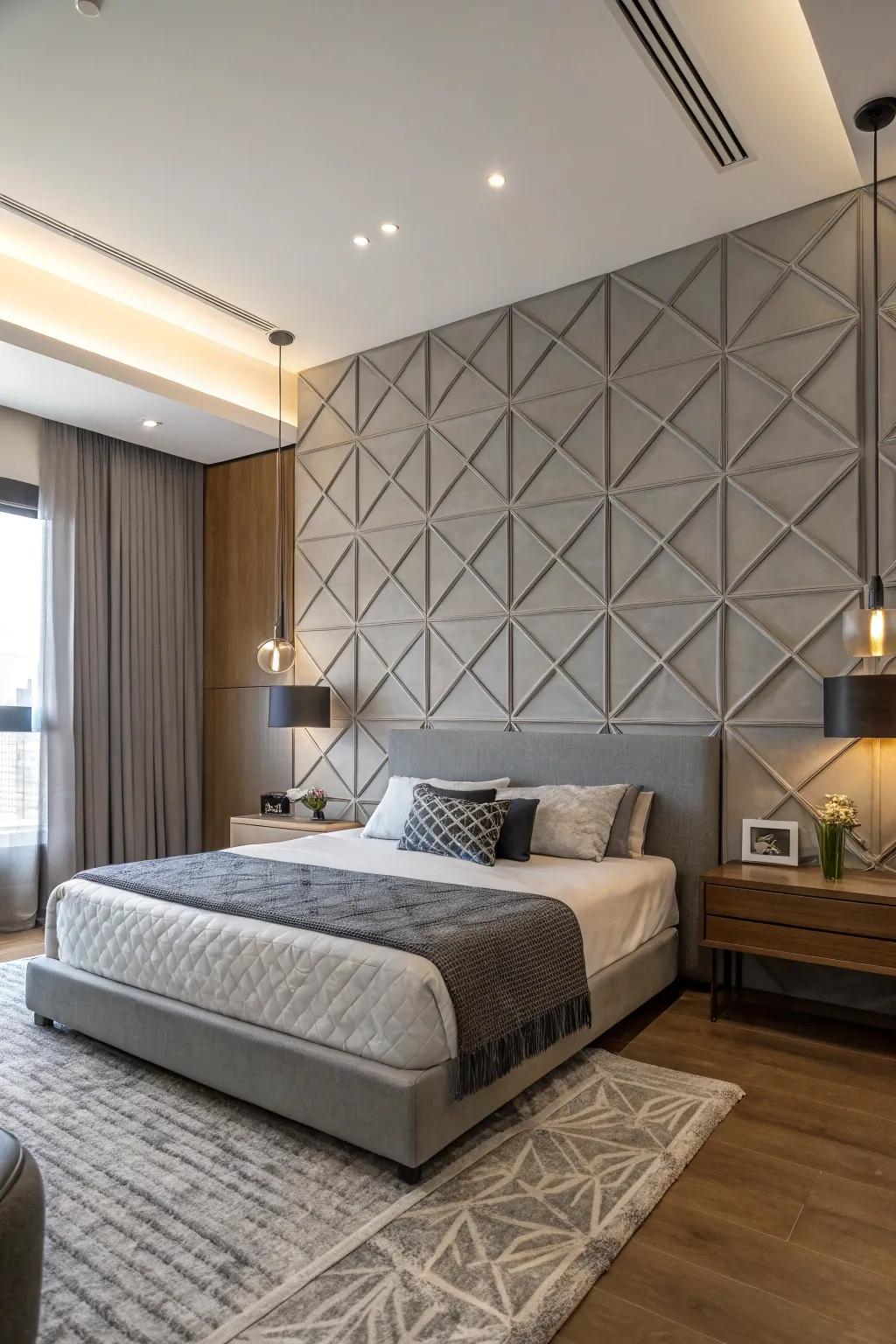 Geometric patterns add a modern twist to the grey feature wall.