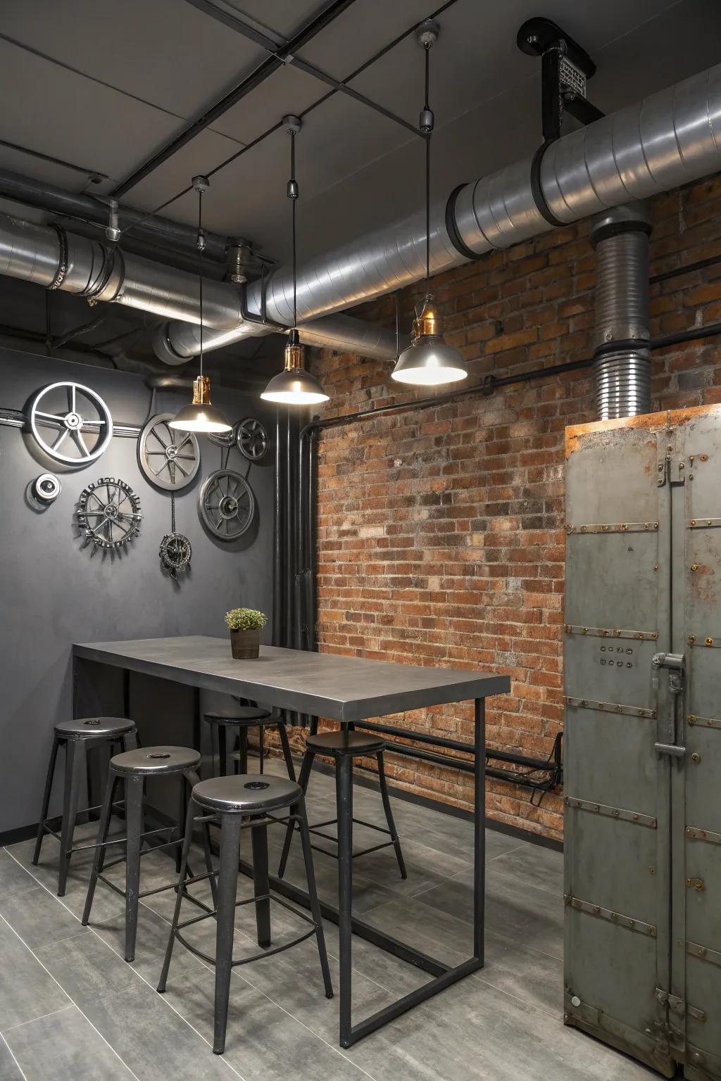 An industrial room featuring a grey accent wall.