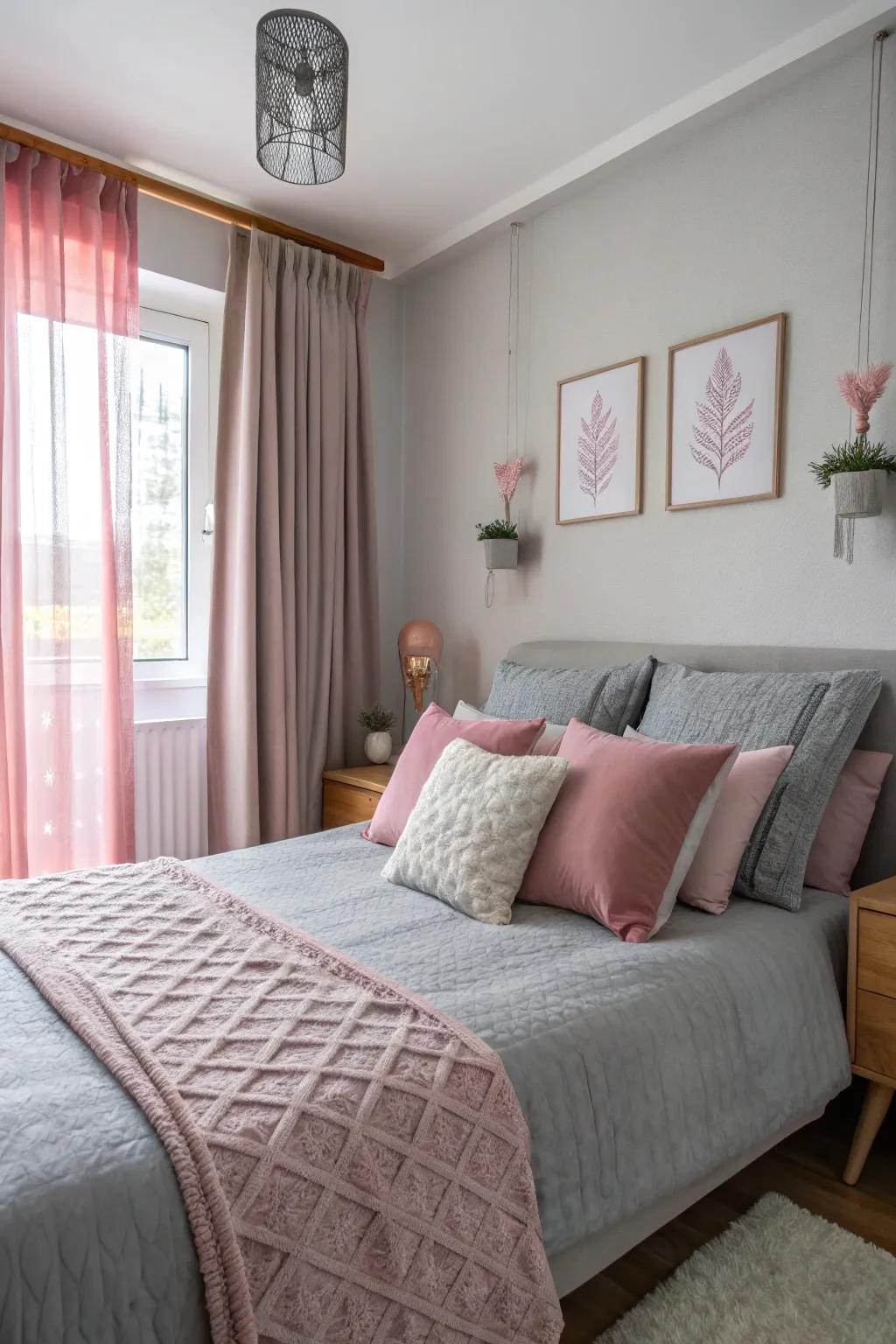 Graphite cushions blend flawlessly using rose tints, exhibiting relaxation alongside equilibrium.