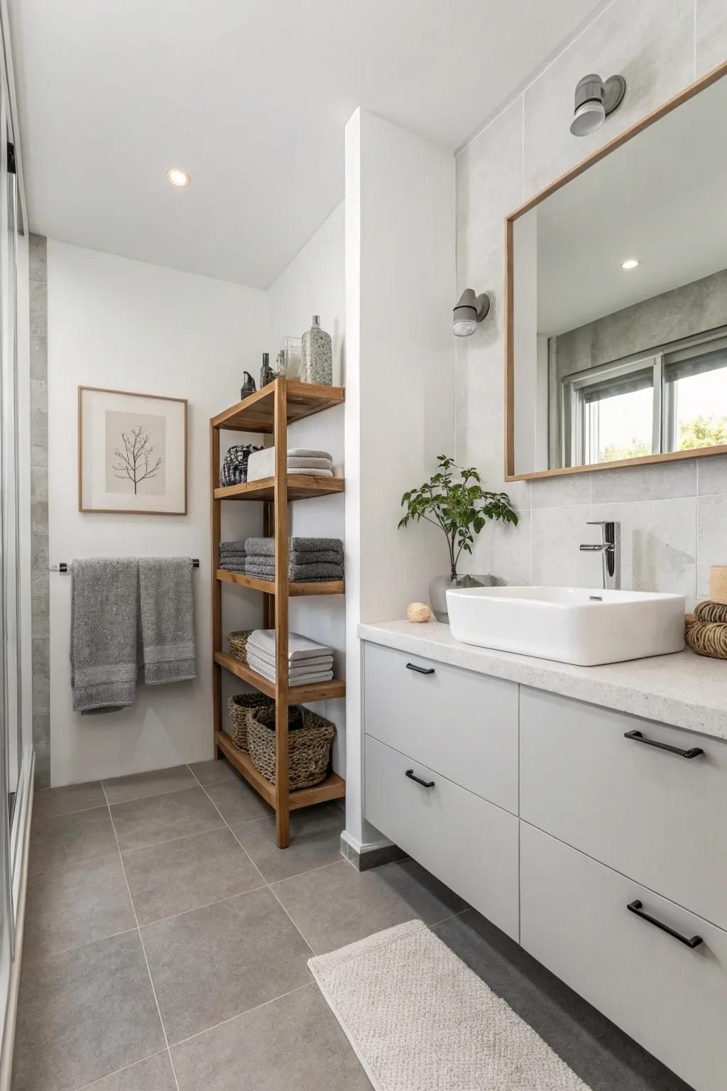 Open shelving maintains a minimalist aesthetic while providing storage.
