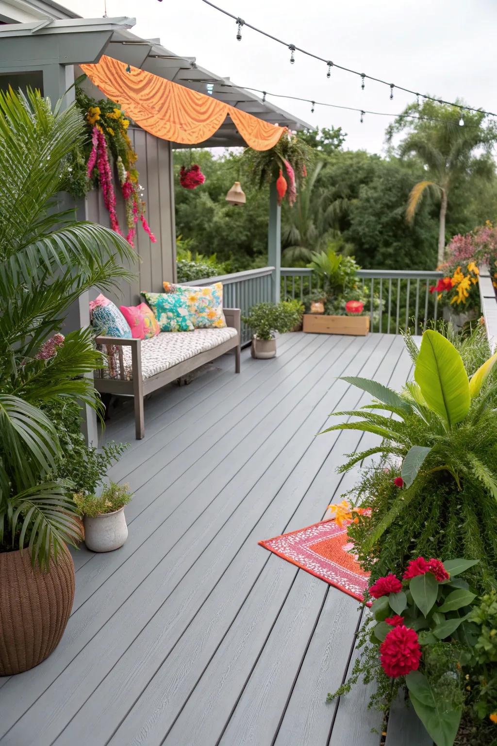 A tropical-inspired grey deck featuring vibrant decor.