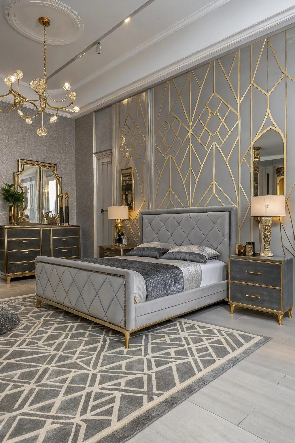 Geometric grey furniture blends Art Deco with modern trends.