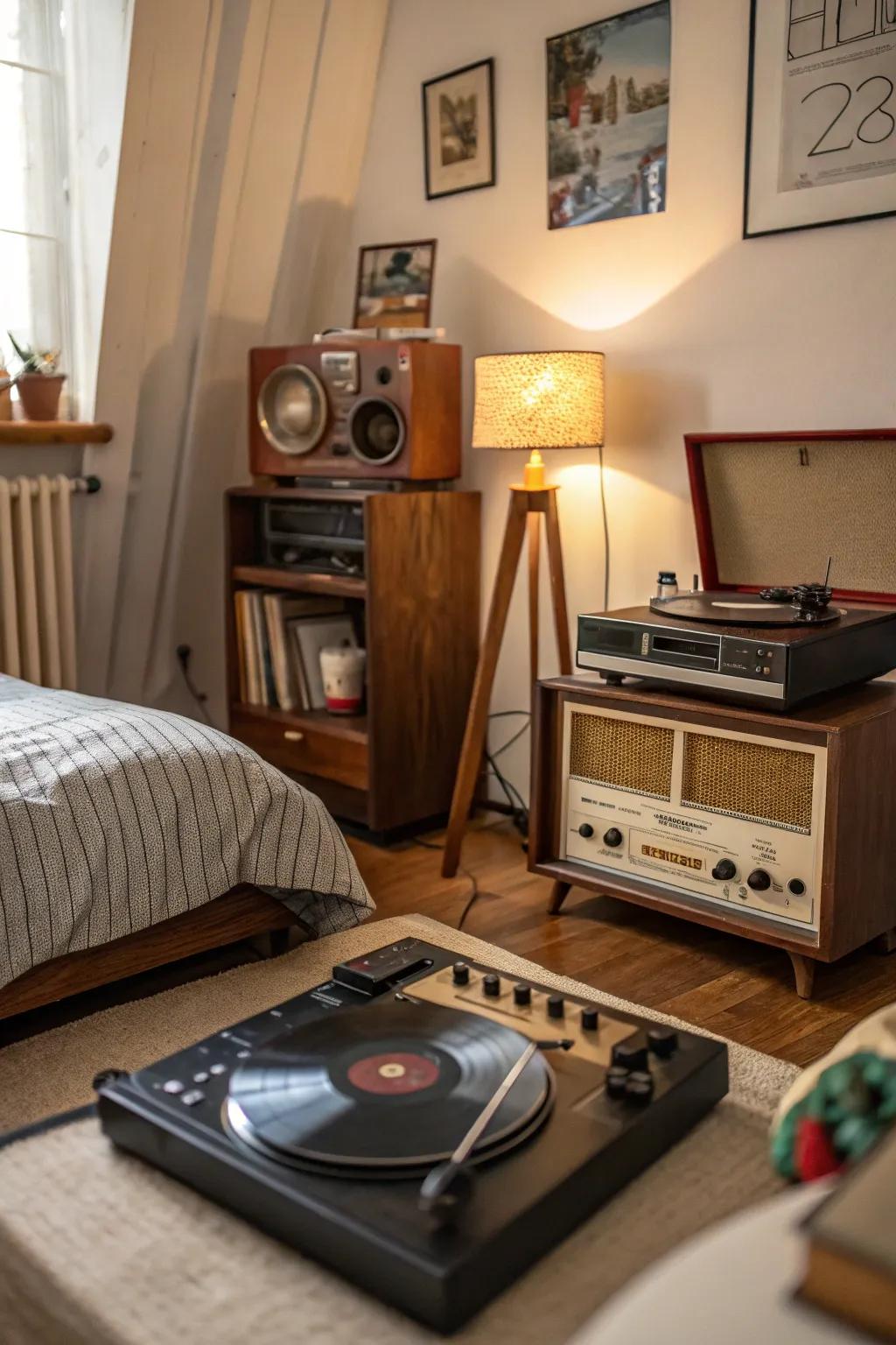 Vintage electronic gadgets introduce a nostalgic feel and serve as conversation starters.
